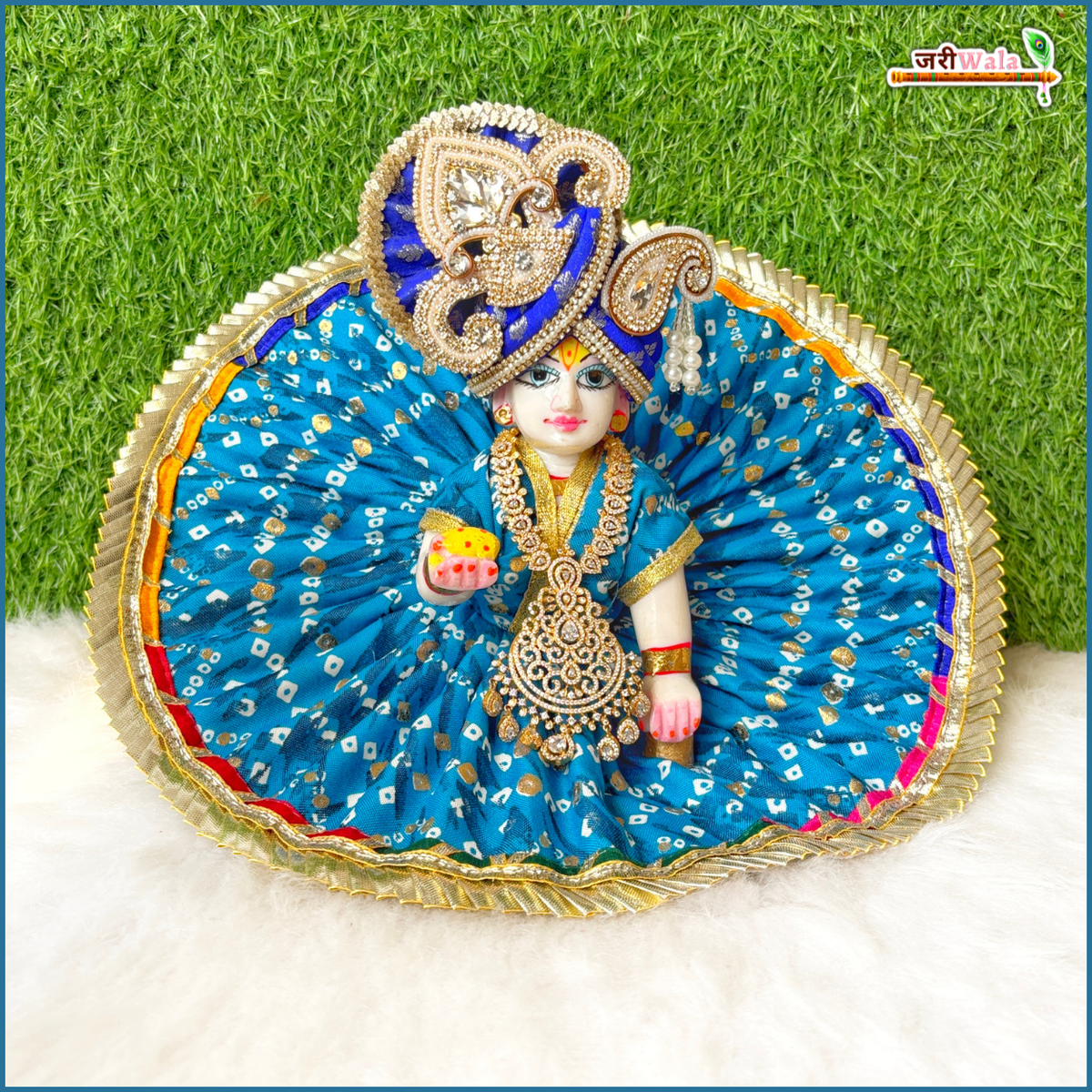 Bandhej Frill Work Teal Blue Laddu Gopal Poshak