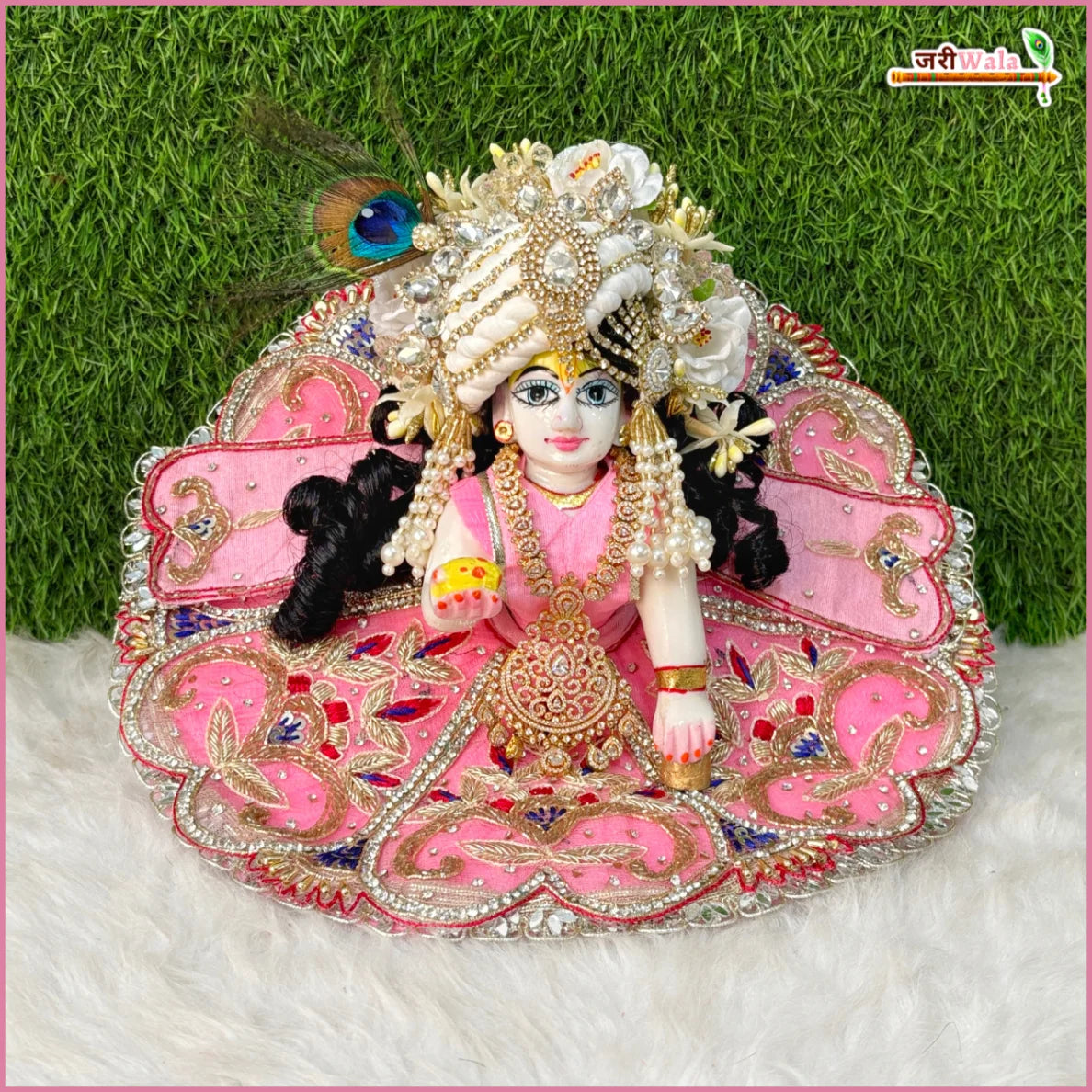 Blended Net Jarkan Dabka Work Baby Pink Laddu Gopal Poshak With Patka