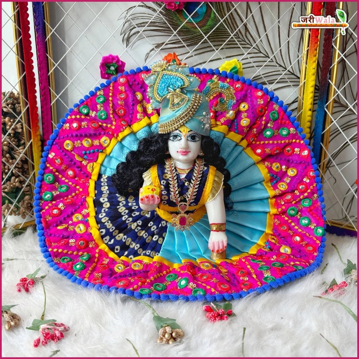 Blended Thread Sitara Mirror Work Multicolor Laddu Gopal Poshak With Patka