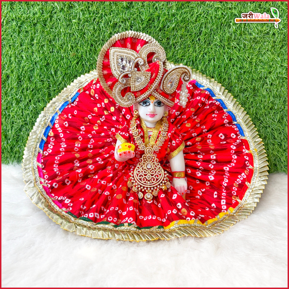 Bandhej Frill Work Red Laddu Gopal Poshak