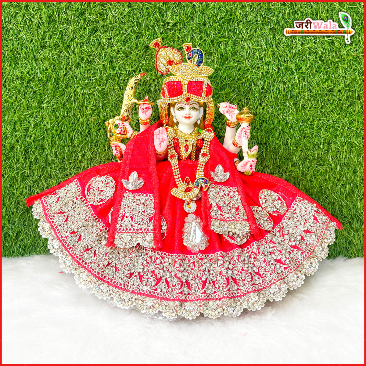 Blended Stone Thread Sitara Booti Work Red Lehnga Patka