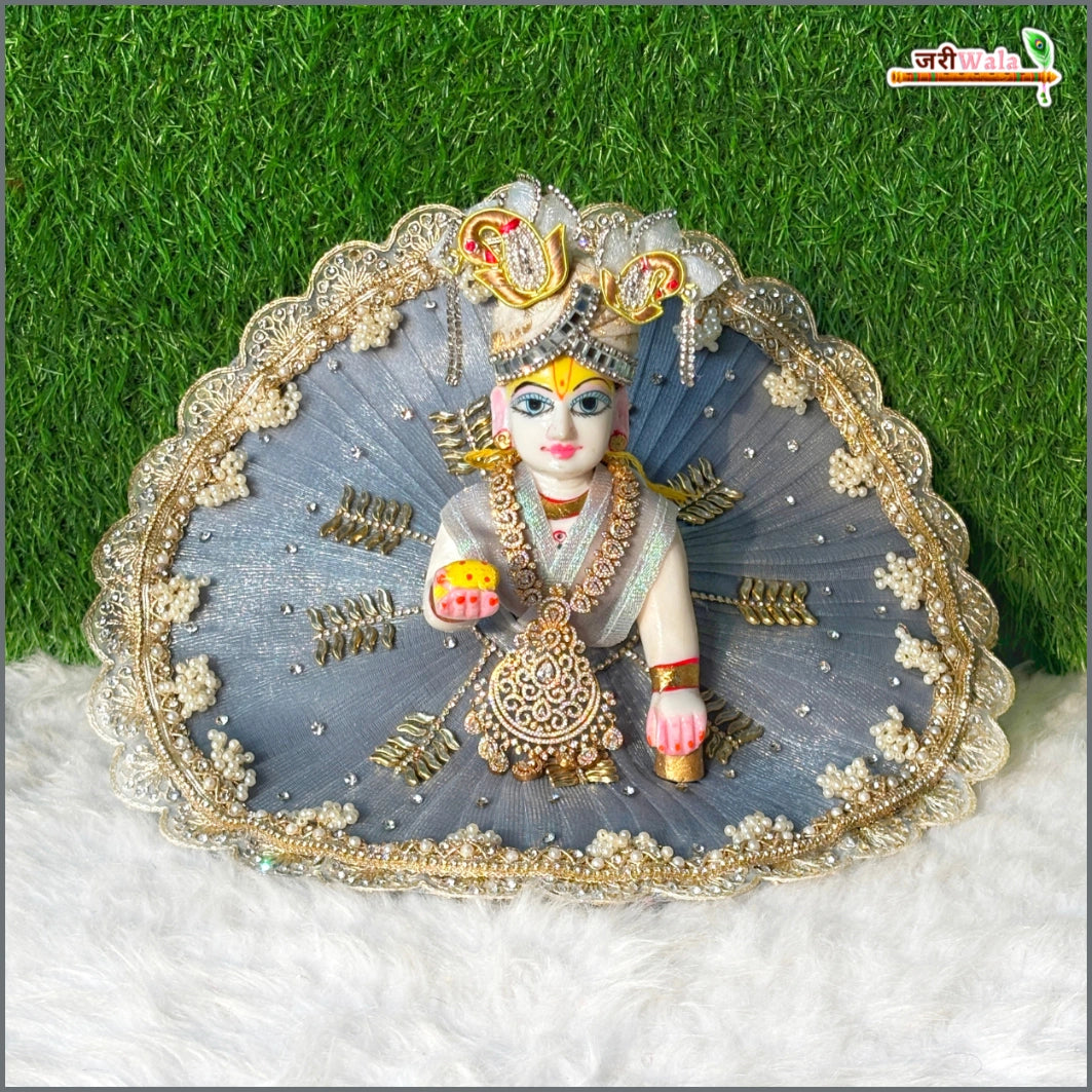 Net Frill Lace Jarkan Moti Kundan Work Grey Laddu Gopal Poshak With Patka