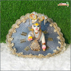 Net Frill Lace Jarkan Moti Kundan Work Grey Laddu Gopal Poshak With Patka
