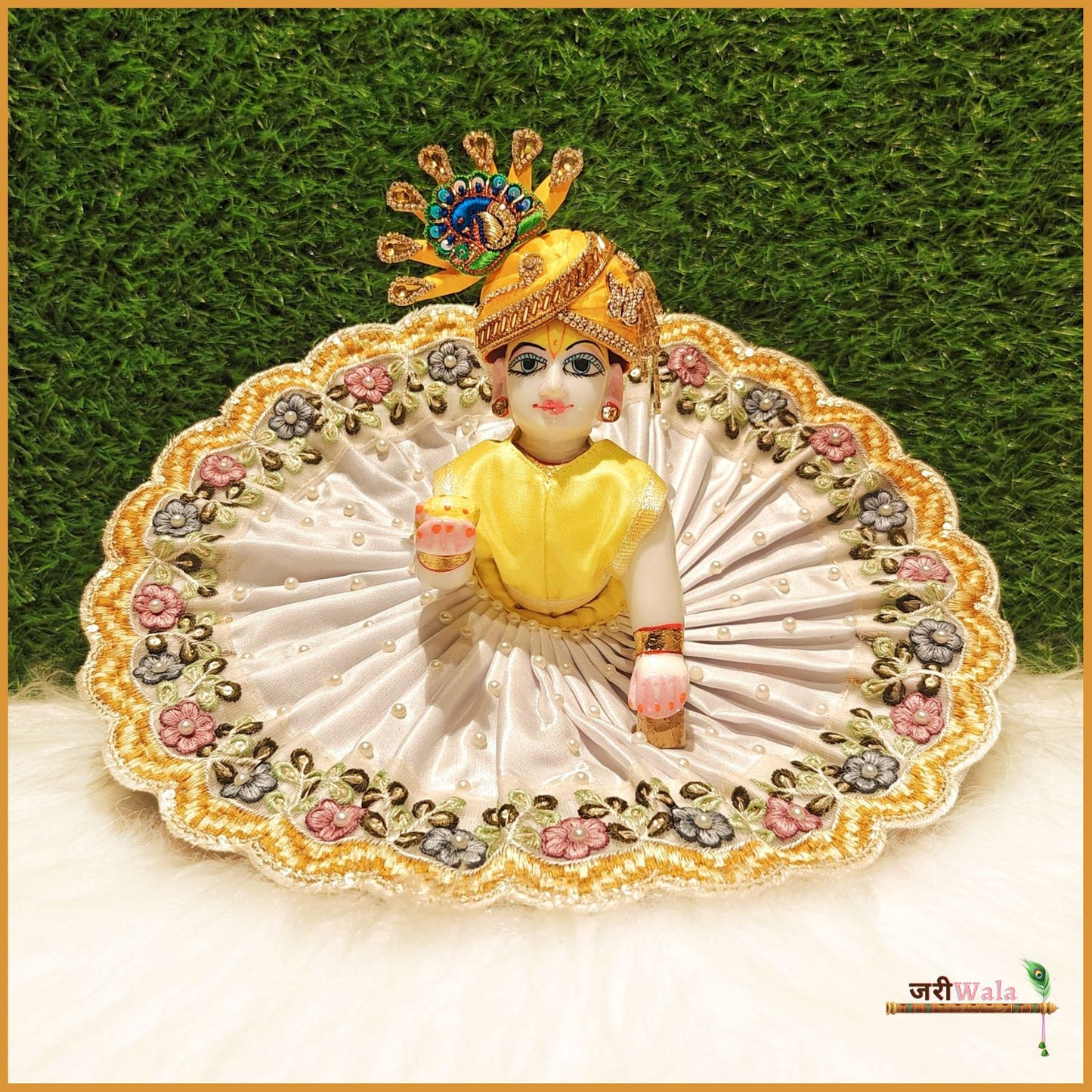 Blended Lace Moti Work White Laddu Poshak With Patka