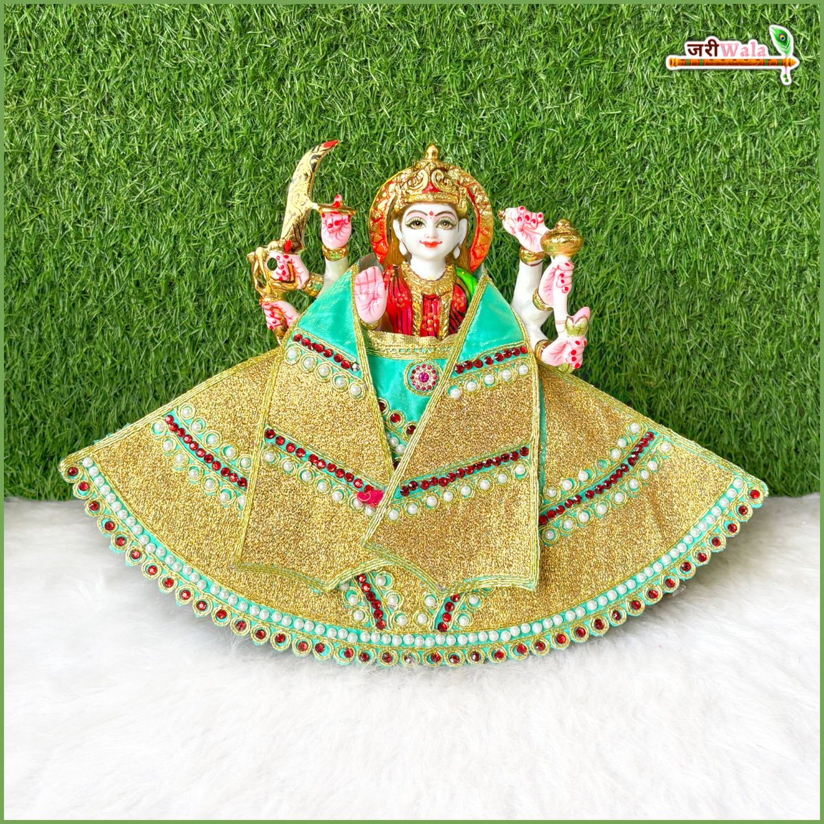 Cotton Thread Moti Stone Work Sea Green Lehnga Patka
