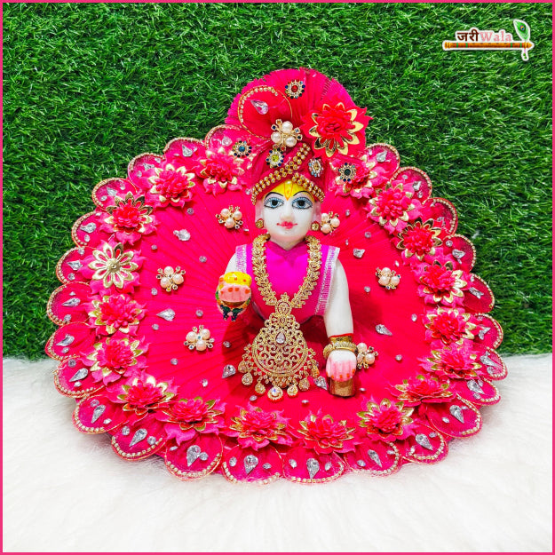 Blended Net Floral Stone Jarkan Work Magenta Laddu Gopal Poshak With Pagdi & Patka