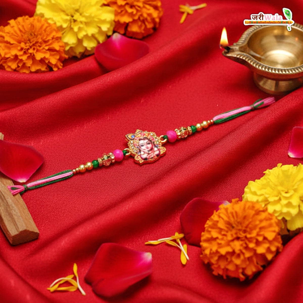 Fancy Handcrafted Krishna Jarkan Work Rakhi