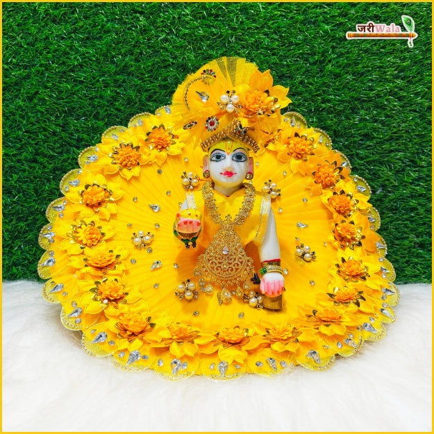 Blended Net Floral Stone Jarkan Work Yellow Laddu Gopal Poshak With Pagdi & Patka