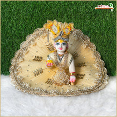 Net Frill Lace Jarkan Moti Kundan Work Golden Laddu Gopal Poshak With Patka
