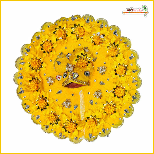 Blended Net Floral Stone Jarkan Work Yellow Laddu Gopal Poshak With Pagdi & Patka