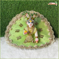 Net Frill Lace Jarkan Moti Kundan Work Pista Green Laddu Gopal Poshak With Patka