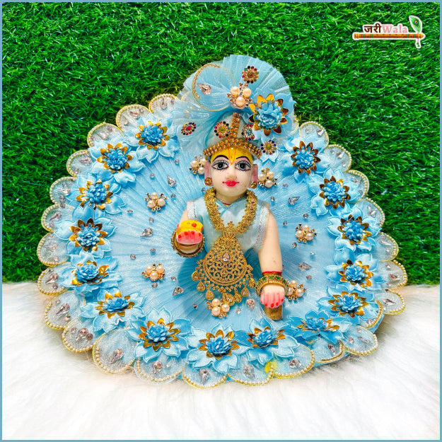 Blended Net Floral Stone Jarkan Work Light Blue Laddu Gopal Poshak With Pagdi & Patka