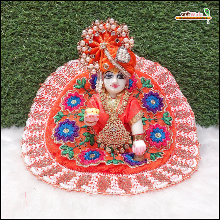 Blended Cotton Frill Moti Cutdana Thread Work Orange Laddu Gopal Poshak