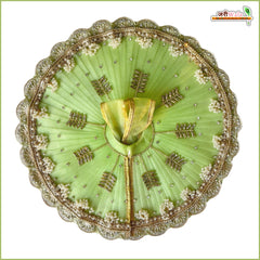 Net Frill Lace Jarkan Moti Kundan Work Pista Green Laddu Gopal Poshak With Patka