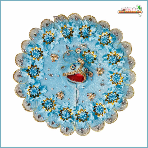 Blended Net Floral Stone Jarkan Work Light Blue Laddu Gopal Poshak With Pagdi & Patka