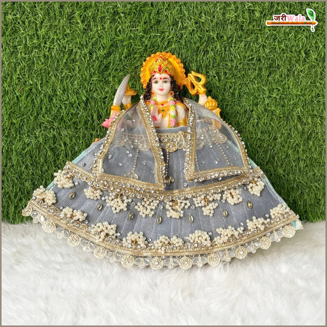 Net Frill Lace Jarkan Moti Stone Work Grey Lehenga Patka