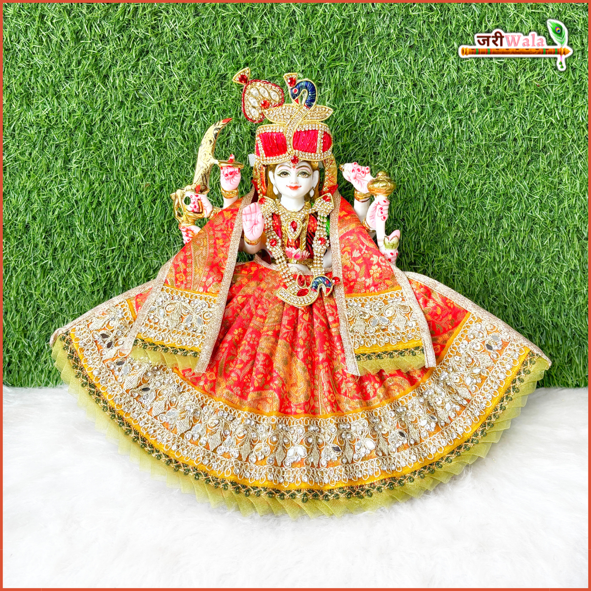Cotton Fancy Brocade Thread Mirror Work Orange Lehnga Patka