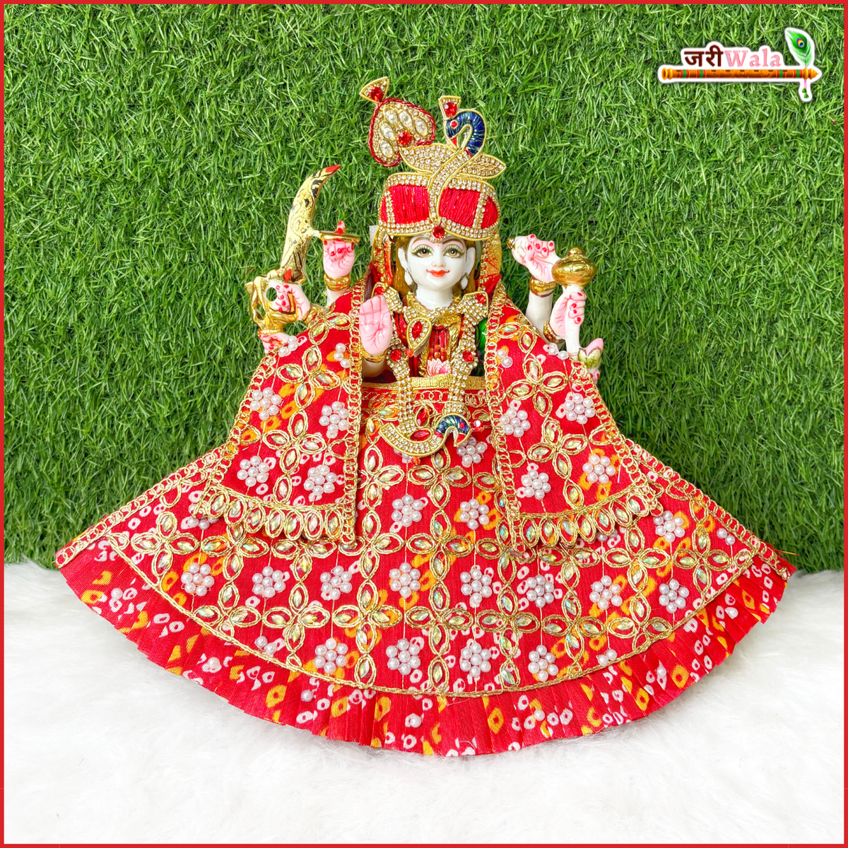 Cotton Bandhej Moti Stone Work Red Lehnga Patka