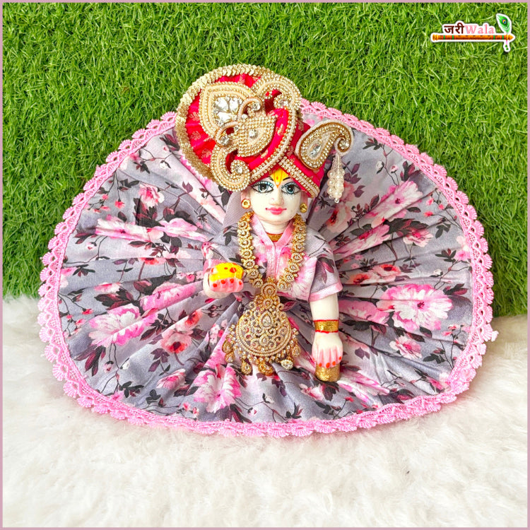 Cotton Floral Print Lace Work Baby Pink (Multicolor) Laddu Gopal Poshak