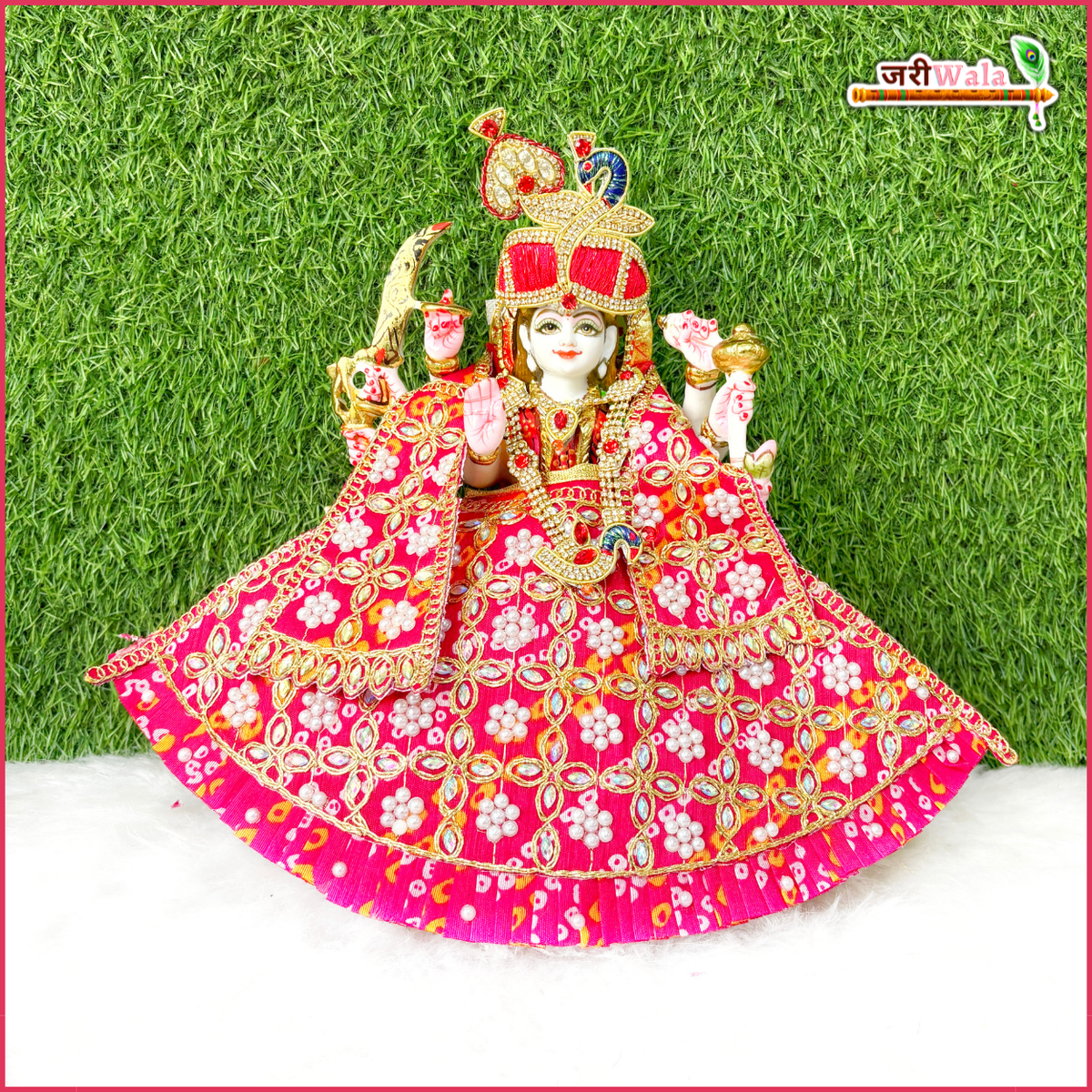 Cotton Bandhej Moti Stone Work Magenta Lehnga Patka