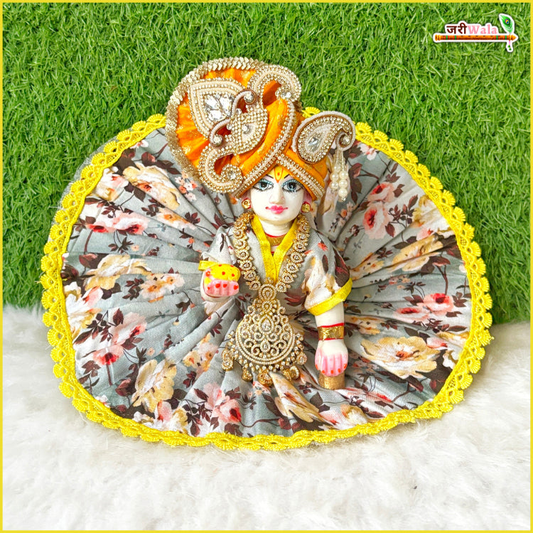 Cotton Floral Print Lace Work Lemon (Multicolor) Laddu Gopal Poshak