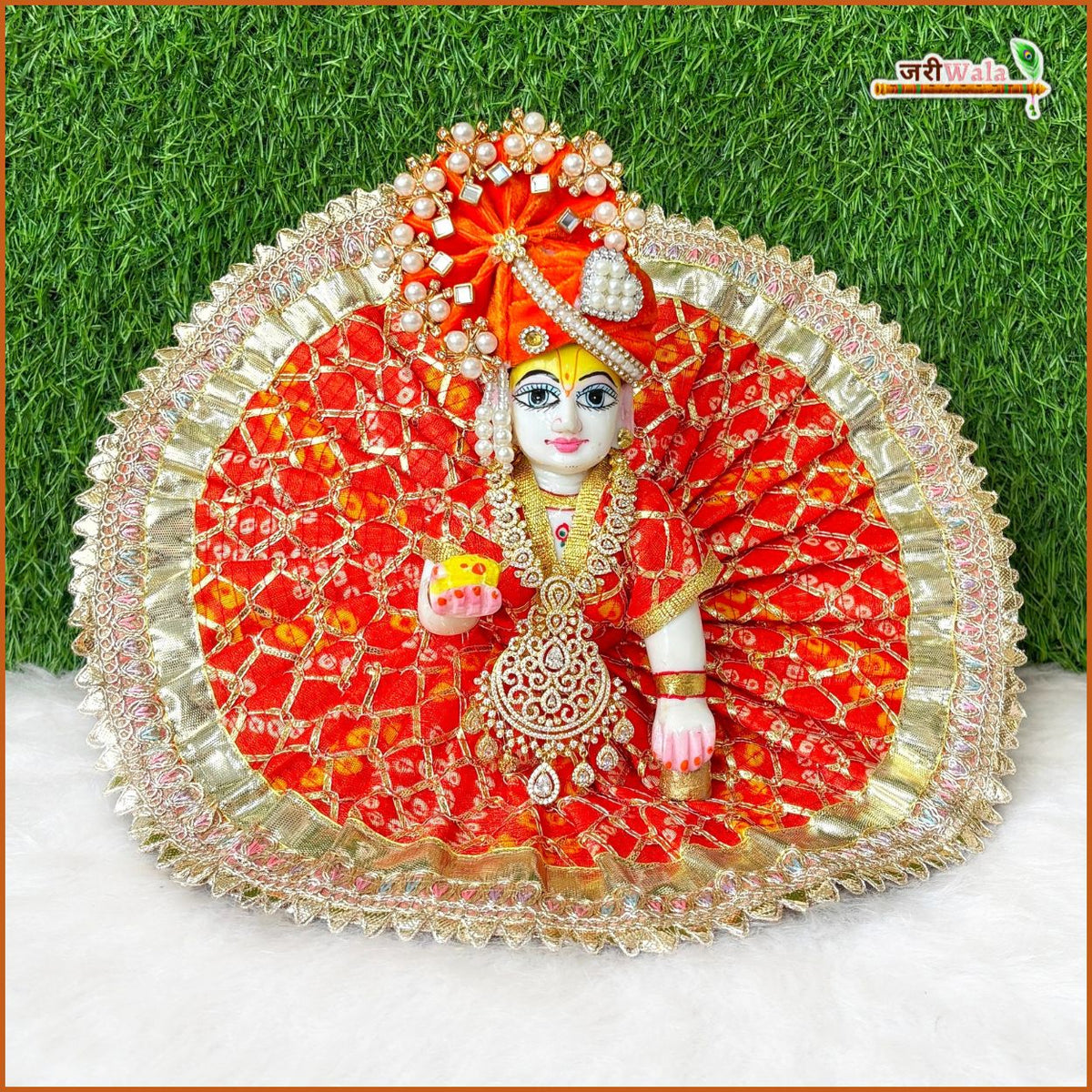 Bandhej Lace Work Orange Laddu Gopal Poshak