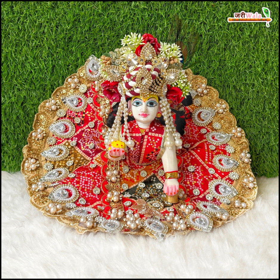 Blended Jarkan Stone Booti Work Bandhej Red Laddu Gopal Poshak With Pagdi