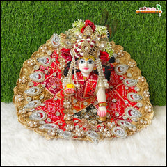 Blended Jarkan Stone Booti Work Bandhej Red Laddu Gopal Poshak With Pagdi