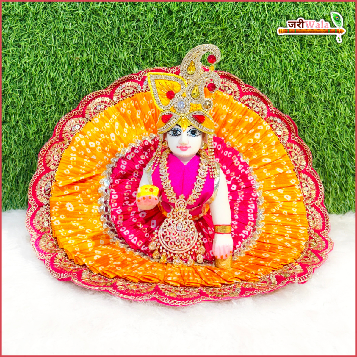Cotton Frill Bandhej Thread Sitara Work Yellow Magenta Laddu Gopal Poshak With Pagdi