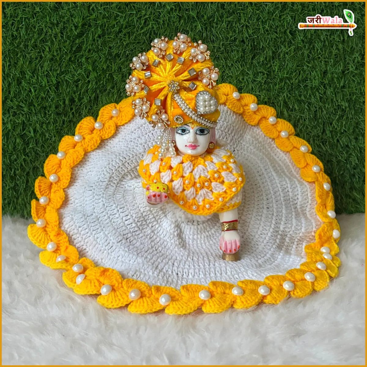 Woolen Fancy Yellow & White Laddu Gopal Poshak With Cap