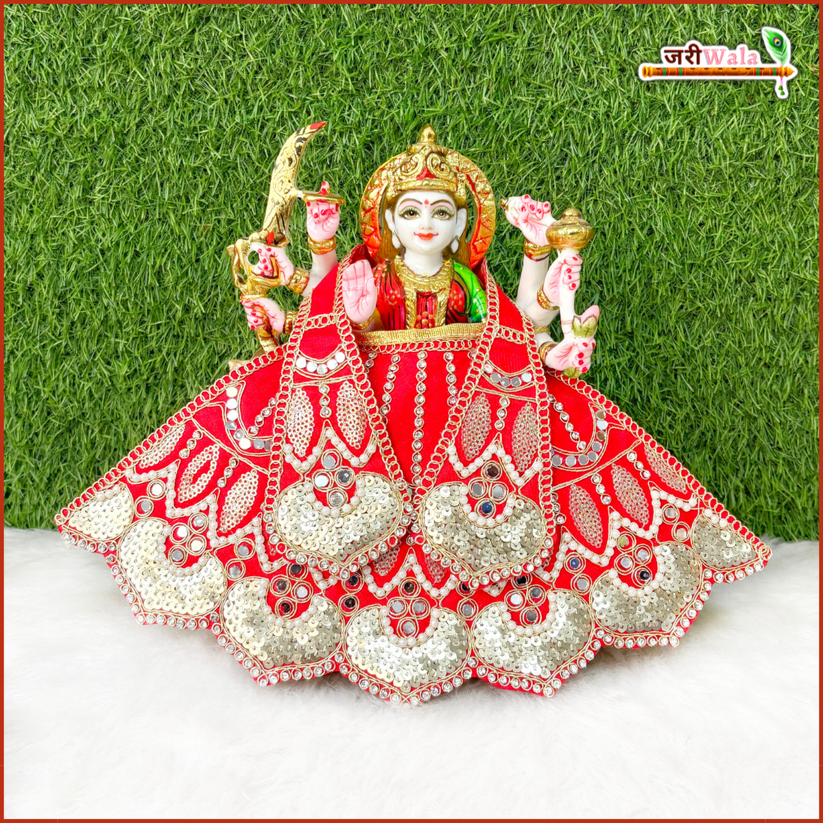 Cotton Thread Sitara Moti Mirror Work Red Lehnga Patka