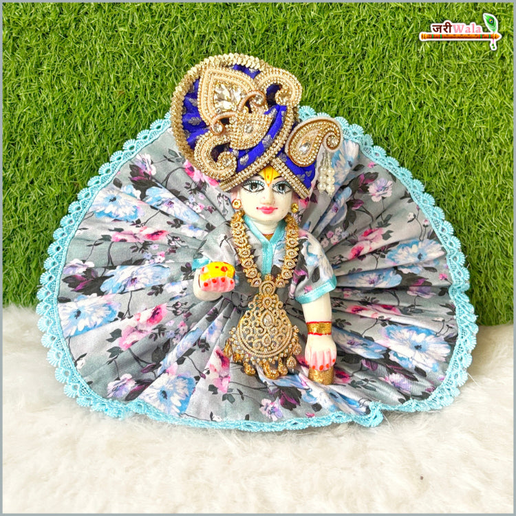 Cotton Floral Print Lace Work Light Blue (Multicolor) Laddu Gopal Poshak