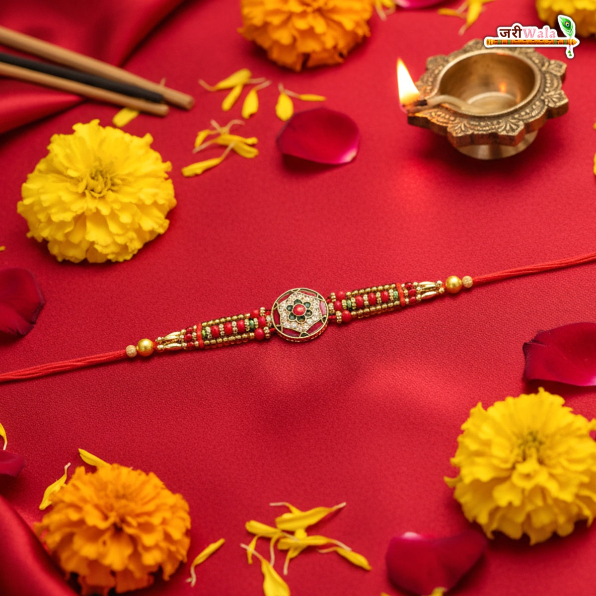 Fancy Handcrafted Fancy Moti Stone Rakhi With Roli Chawal