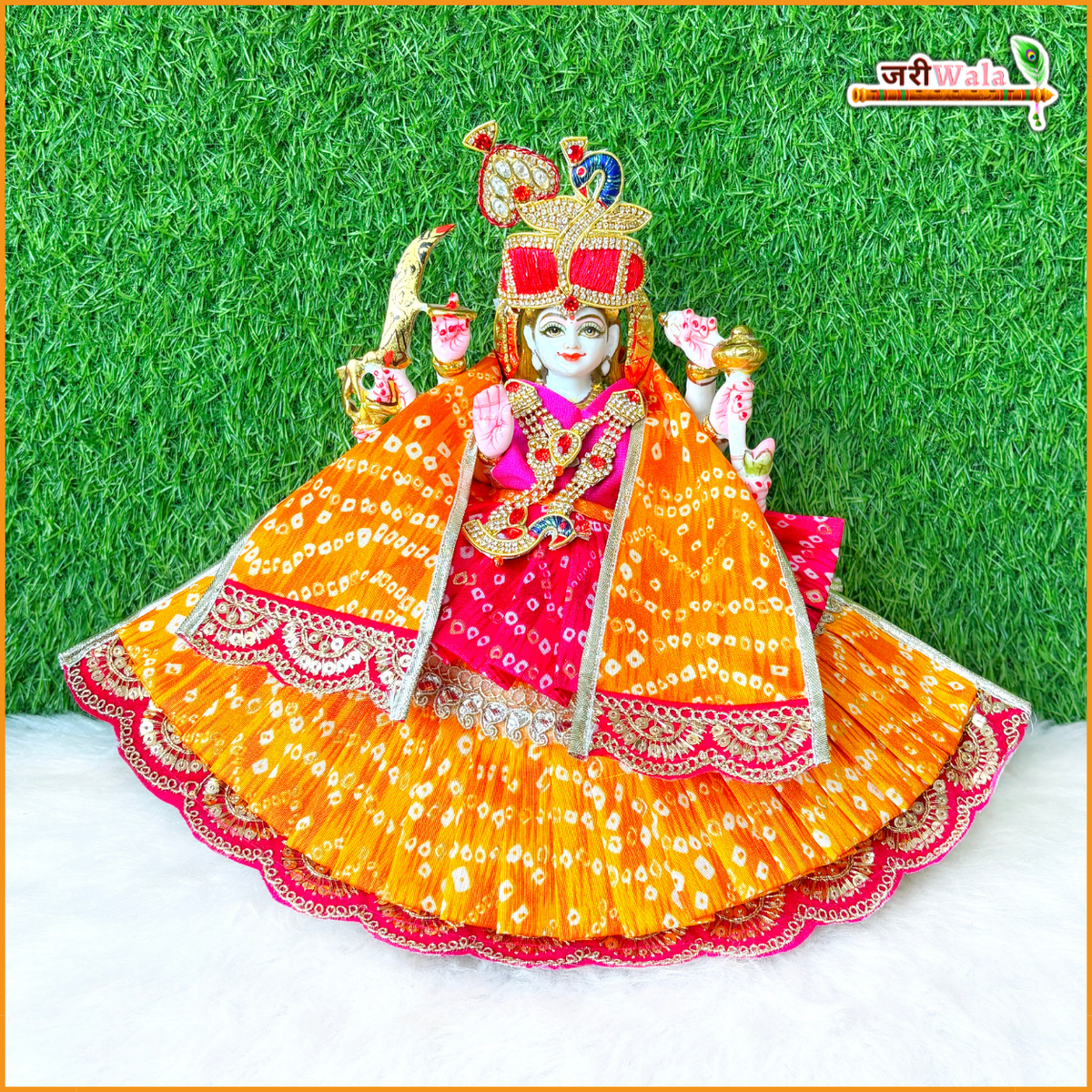 Cotton Frill Bandhej Thread Sitara Work Yellow Magenta Lehnga Patka