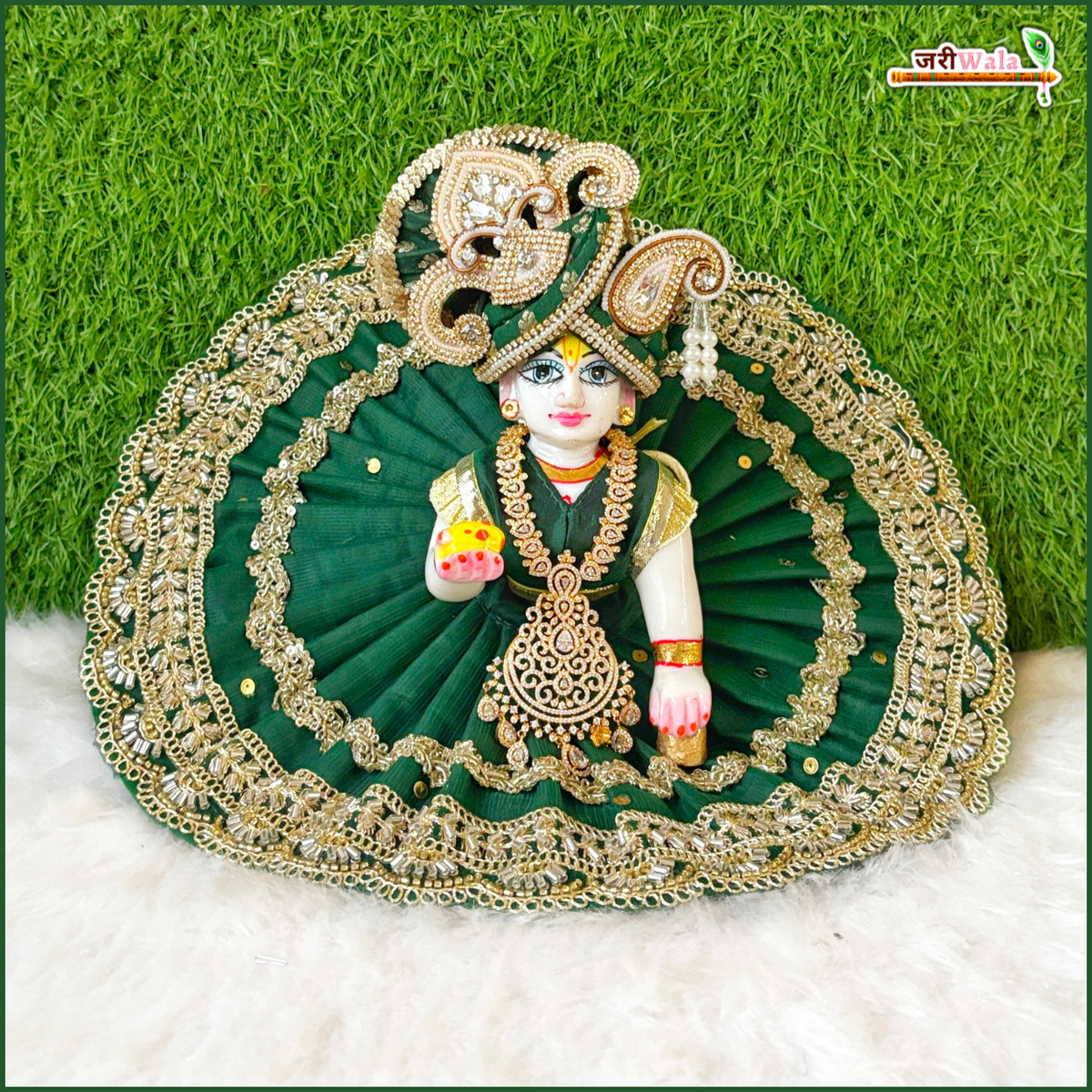 Hariyali Teej Special Blended Thread Sitara Cutdana Work Dark Green Laddu Gopal Poshak With Patka