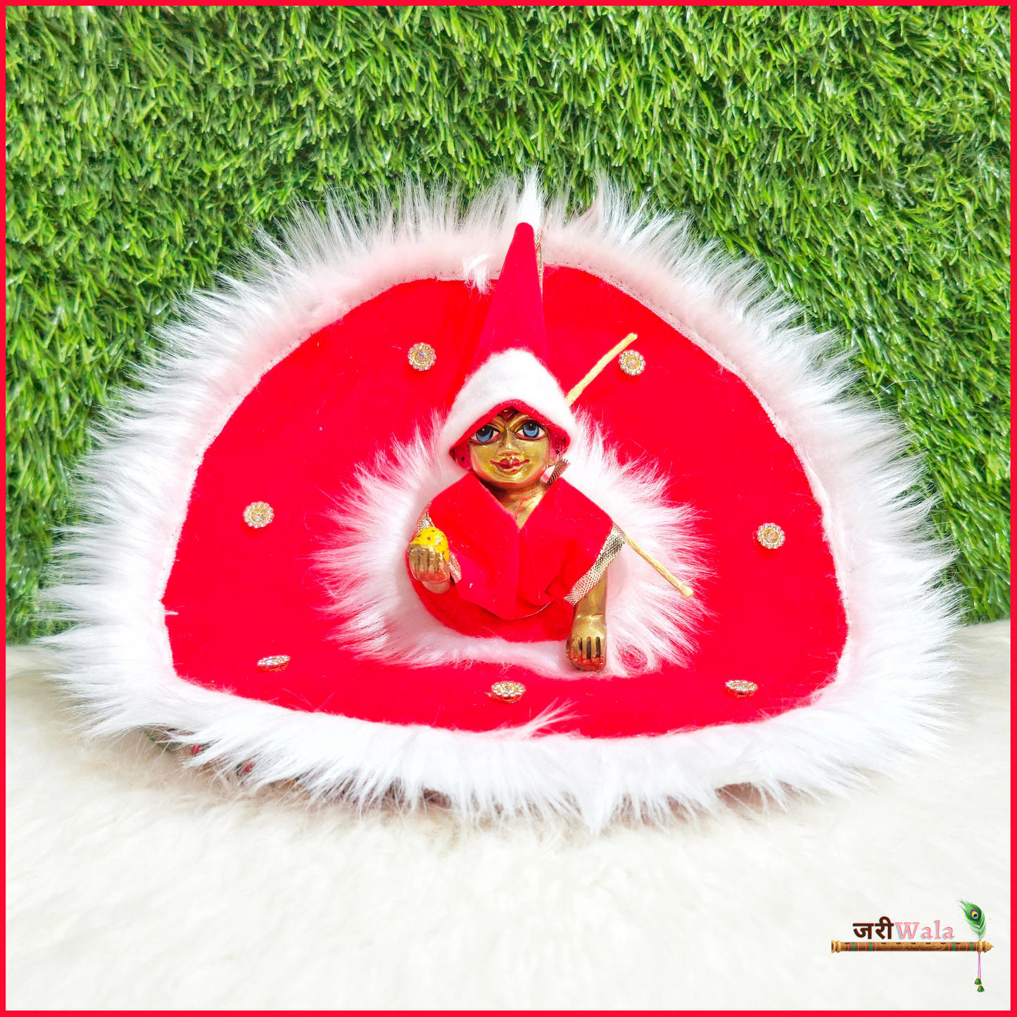 Christmas Red Velvet Furr Laddu Poshak With Cap & Patka