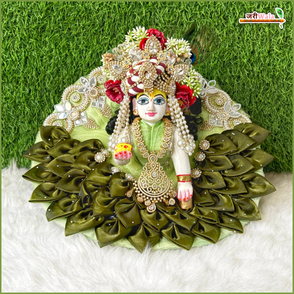 Blended Frill Jarkan Stone Booti Work Multicolor Laddu Gopal Poshak With Pagdi