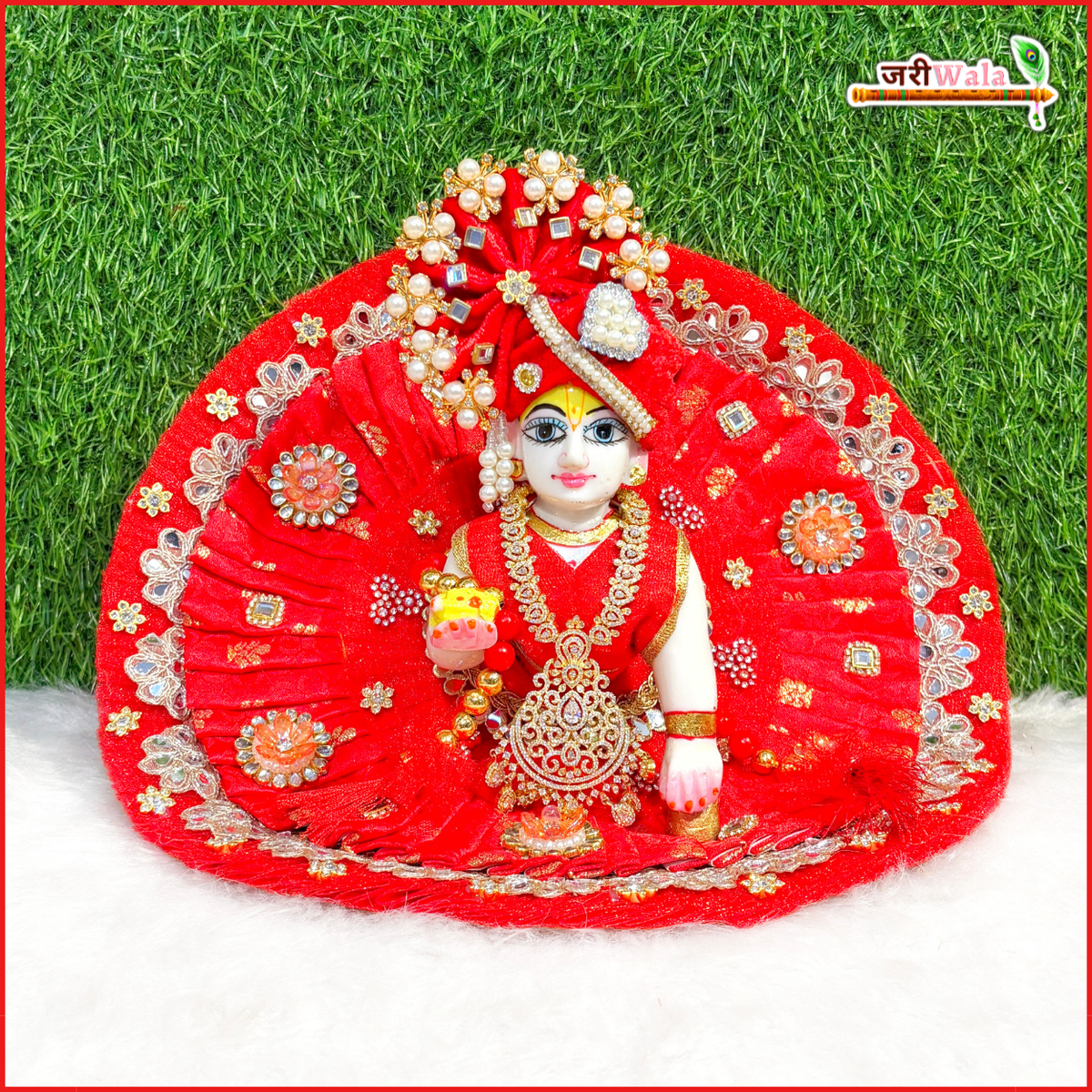 Cotton Frill Lace Kundan Mirror Work Red Laddu Gopal Poshak With Pagdi
