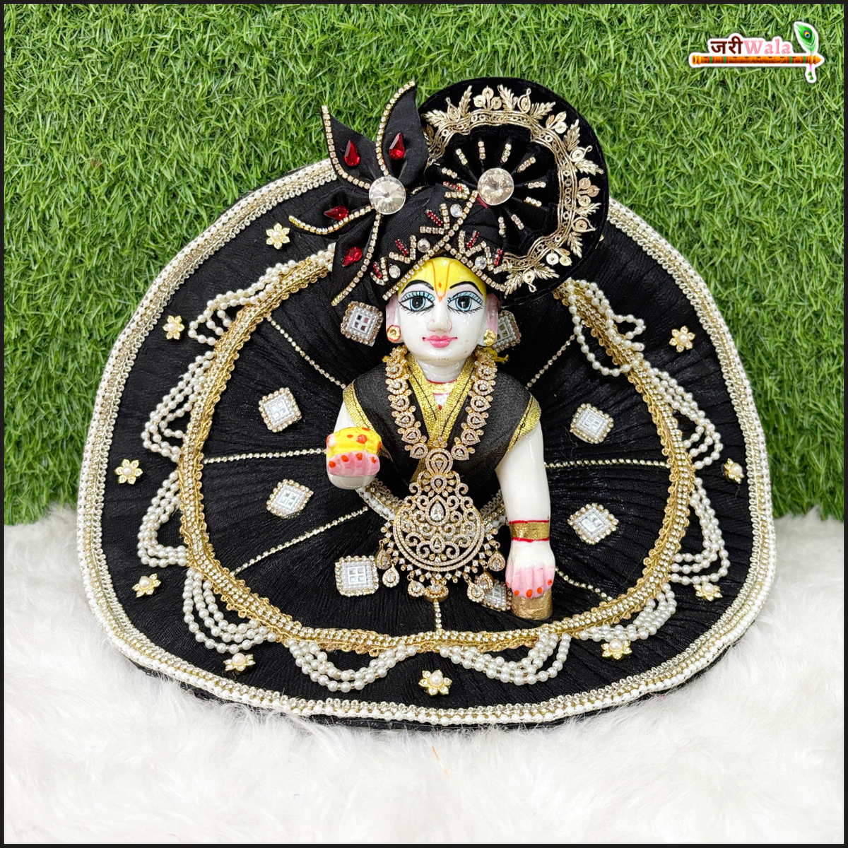 Net Frill Lace Jarkan Moti Work Black Laddu Gopal Poshak With Patka
