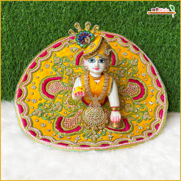 Blended Thread Dabka Moti Stone Work Yellow Laddu Gopal Poshak With Patka