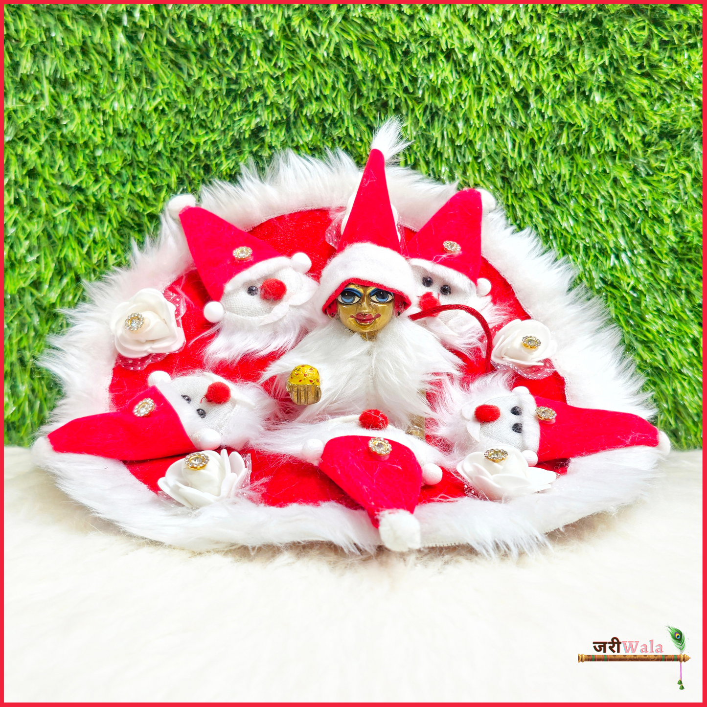 Christmas Red Velvet Heavy Furr Laddu Poshak With Cap Patka & Bag