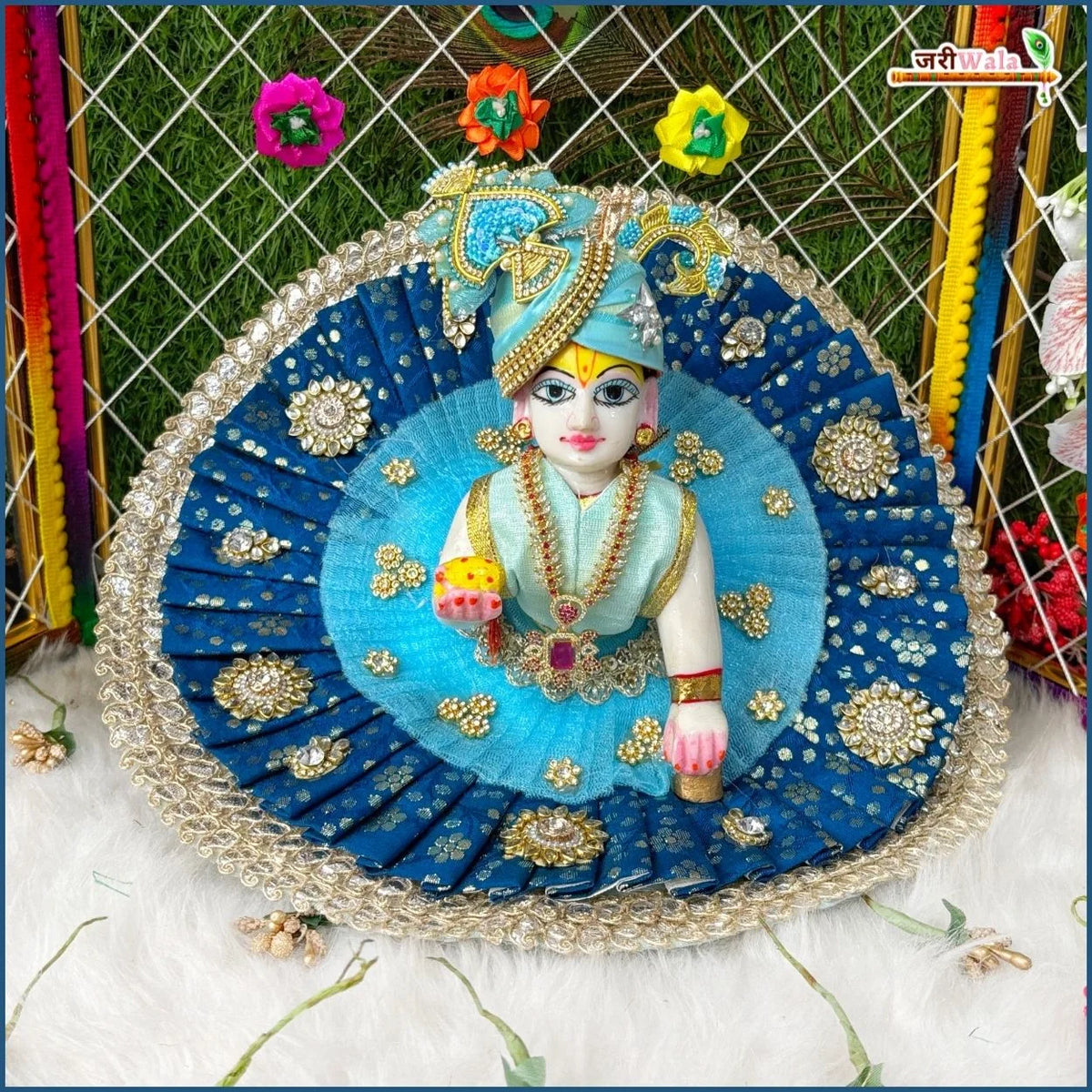 Blended Frill Jarkan Stone Booti Work Multicolor Laddu Gopal Poshak With Pagdi