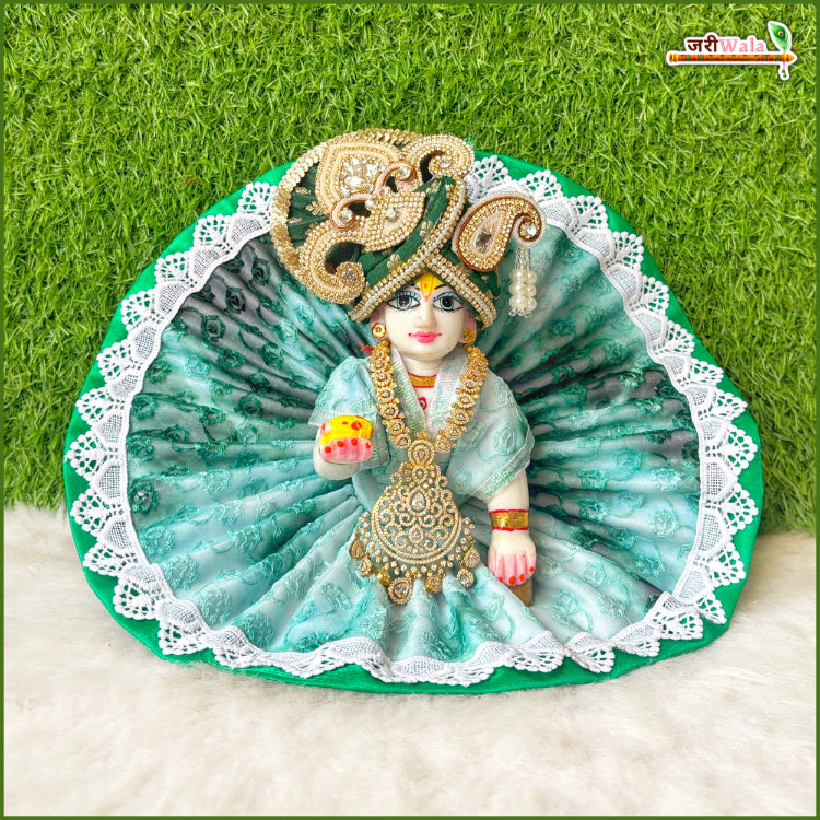 Blended Thread Lace Work Green Laddu Gopal Poshak