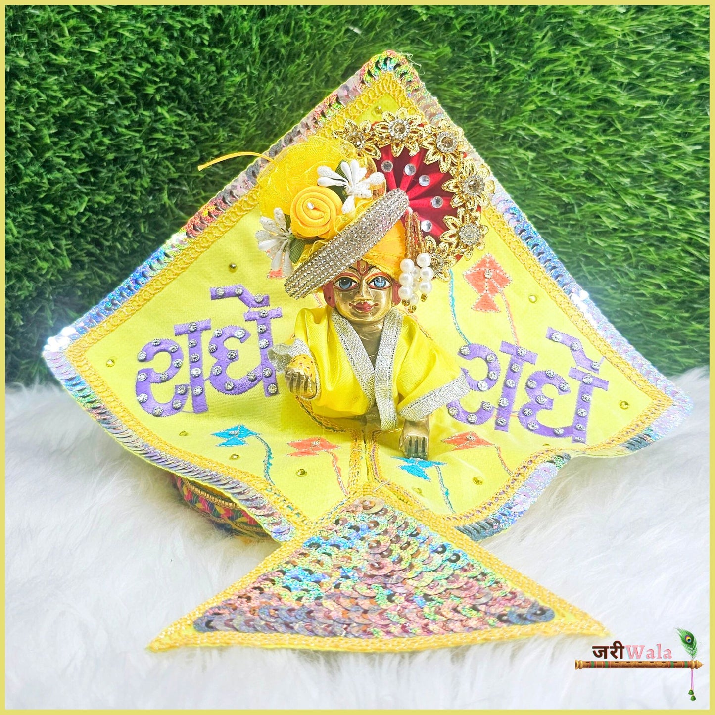 Blended Thread Sitara Work Yellow Kites Design Laddu Gopal Poshak