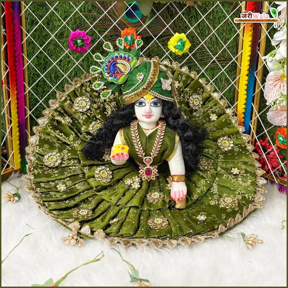 Blended Frill Jarkan Stone Booti Work Green Laddu Gopal Poshak With Pagdi
