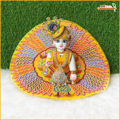 Blended Net Frill Thread Sitara Moti Peacock Work Yellow Laddu Gopal Poshak With Patka