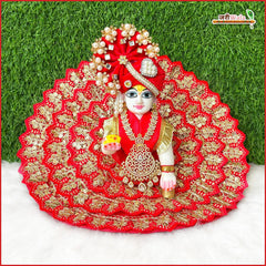 Blended Thread Sitara Work Red Laddu Gopal Poshak With Pagdi & Patka