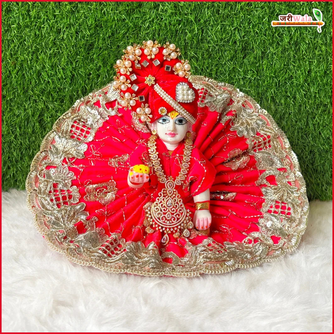 Blended Thread Sitara Cutdana Work Red Laddu Gopal Poshak