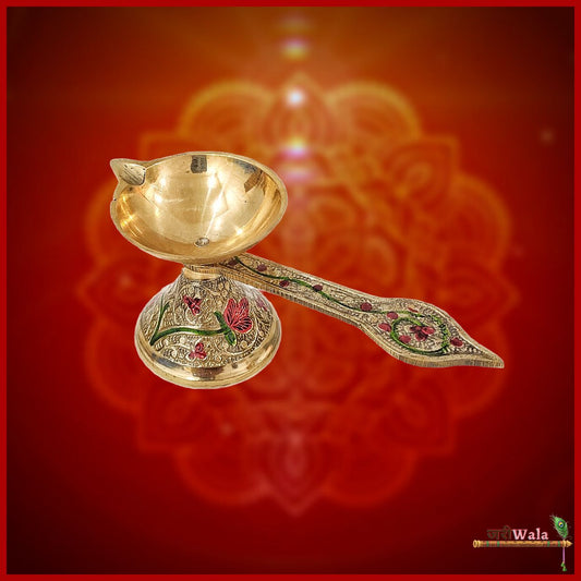Traditional Brass Meenakari Handle Pooja Diya (Sizes Available) - ZARIIWALAA