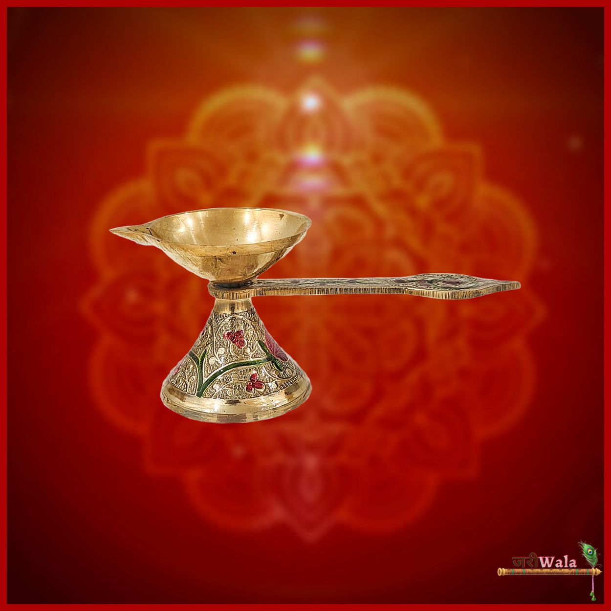 Traditional Brass Meenakari Handle Pooja Diya (Sizes Available) - ZARIIWALAA